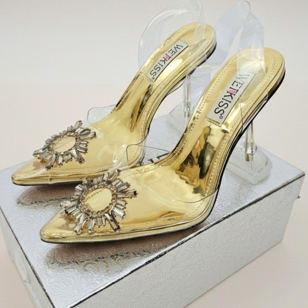 Wetkiss Gold Crystal Embellished Clear Pointed Toe Fashion Heels Women's Size 6